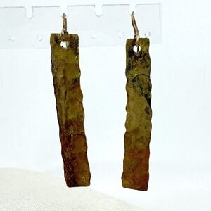 Hammered Metal Rectangle Dangle Drop Earrings Modern Artisan Hand Made Gold Tone
